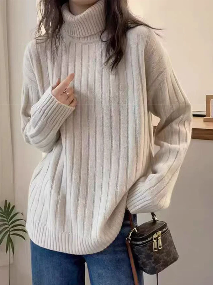 Pull en laine Pure à col haut pour femme, manches longues, couleur unie, tricoté, décontracté, Chic, Style de rue, hiver