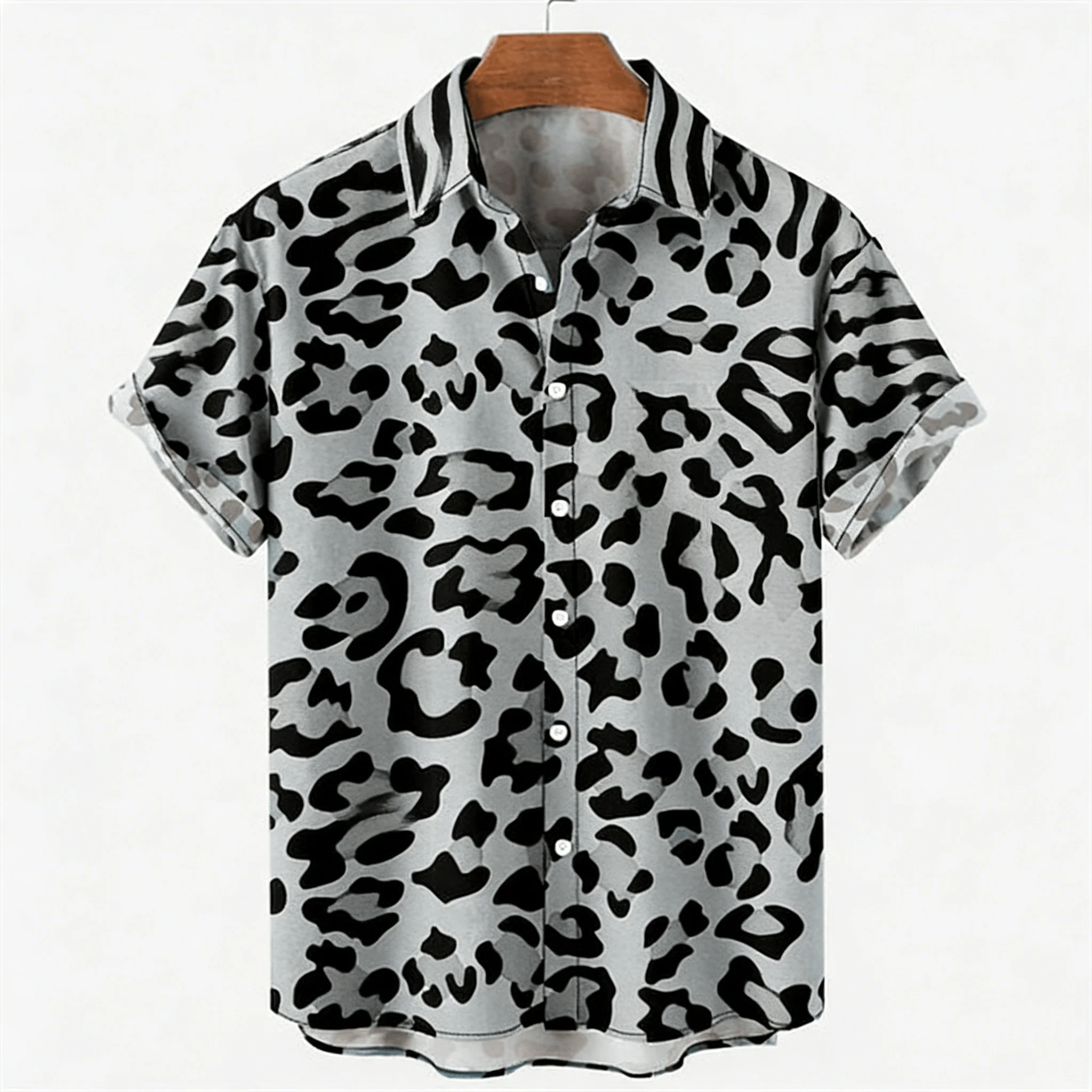 Men's Grey Leopard Print Short Sleeve Shirt, All Over Black Spot Pattern Button Down for Spring Summer Casual