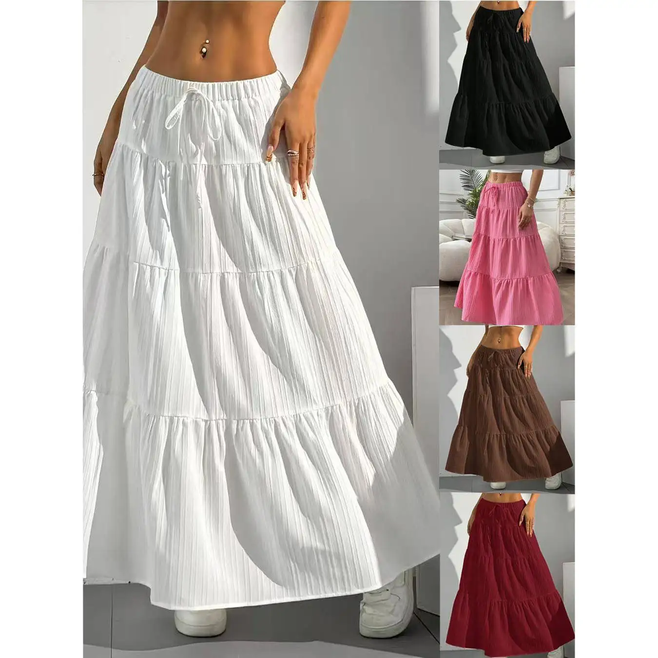 

Spring Summer New Style Women's Skirt Loose A-Line Midi Skirt Belted Splicing Wide Hemline Elegant City Commute Polyester Fiber