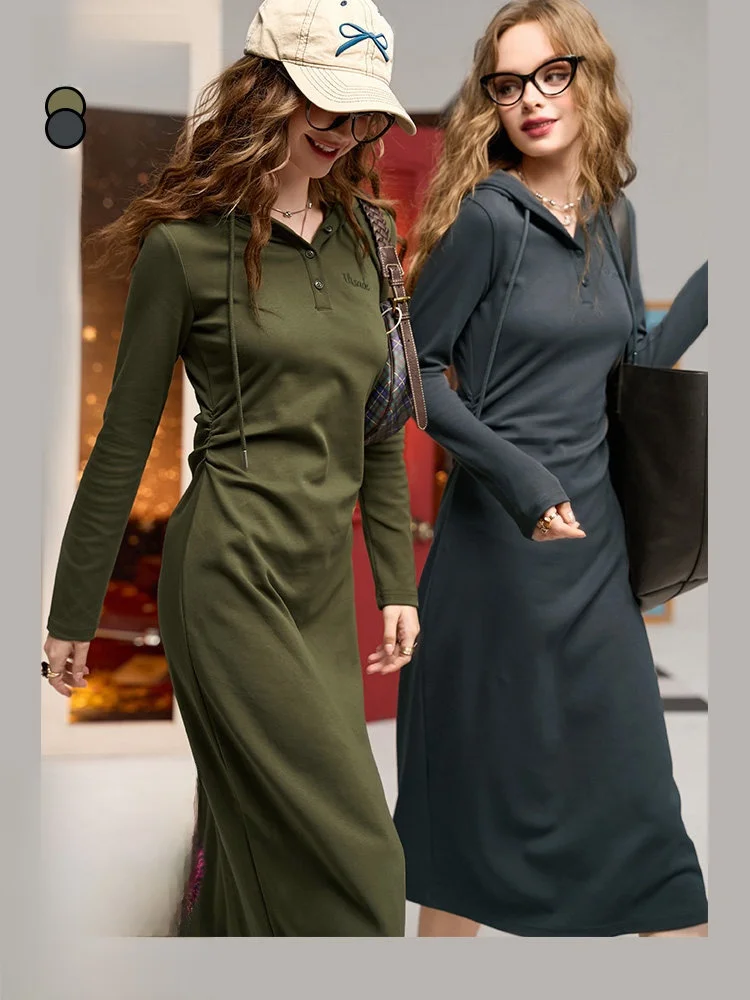 

Slim Fit Long Sve Hooded Dr Women's Casual Sle Autumn Faion Fairy's ket Street Sle Pure Color Waist Cinched Dr