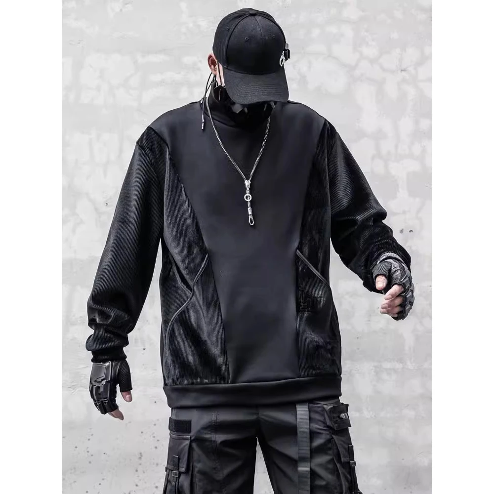 Men Black Sweatshirt Techwear 2024 Winter Fleece Patchwork Pullover Harajuku Loose Sweat Shirt Tops Men Clothing