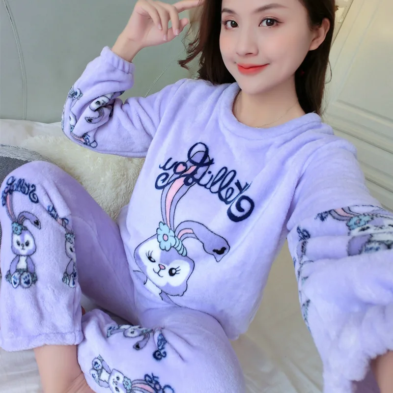 Mickey Minie Pajamas Disney Women\'s Flannel Pajamas Set Winter Coral Velvet Thickened Warm Home Clothes Pajamas Two-piece Set