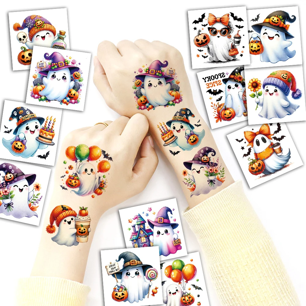 16 Sheets Halloween Spooky Ghost Temporary Tattoos, Kawaii Ghost Decals, Party Favors Supplies, Masquerade Cosplay Makeup Props