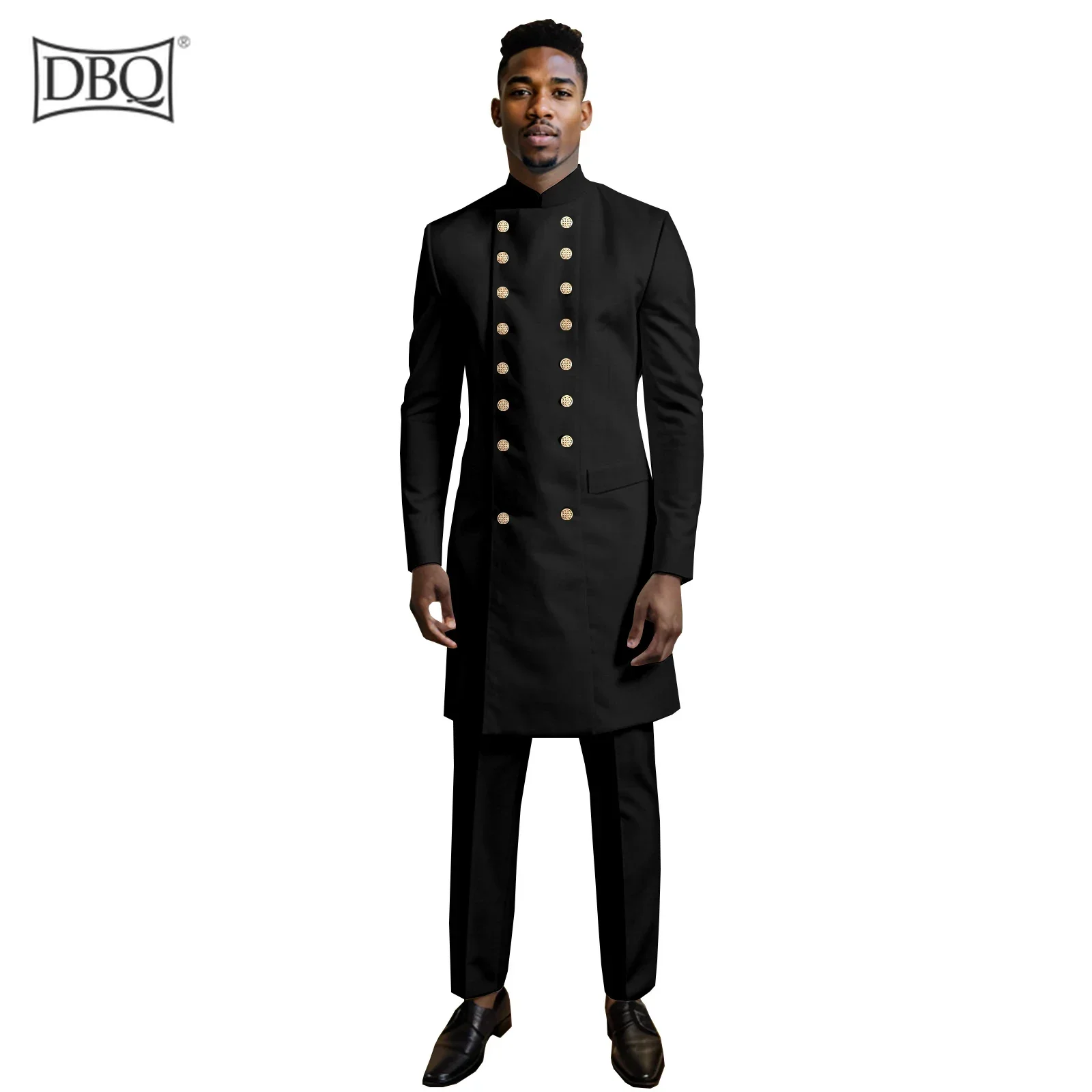 DBQ African Suits for Men Slim Fit Double Breasted Long Blazer and Trousers 2 Piece Set Traditional Outfits