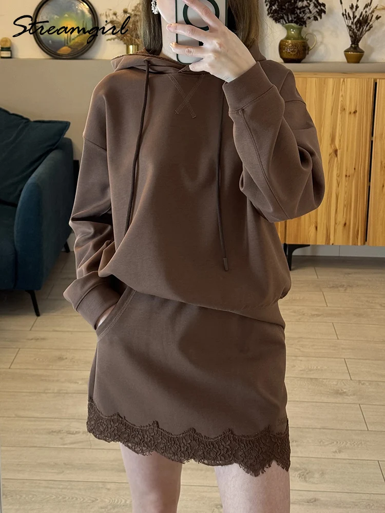 Women's Tracksuit With A Skirt Lace Set Two Piece Summer Yellow Hoodies And Skirts Set Woman Sets 2 Pieces Outfits Brown 2026