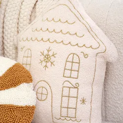 Christmas Cushion Christmas House Shaped Gold Embroidered Pillow Home Decoration Soft Comfortable Tufted Pillow