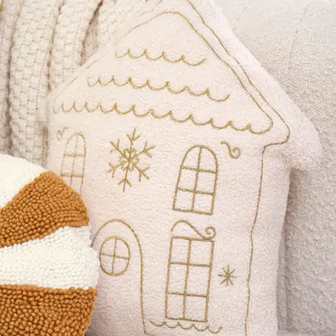 Christmas Cushion Christmas House Shaped Gold Embroidered Pillow Home Decoration Soft Comfortable Tufted Pillow