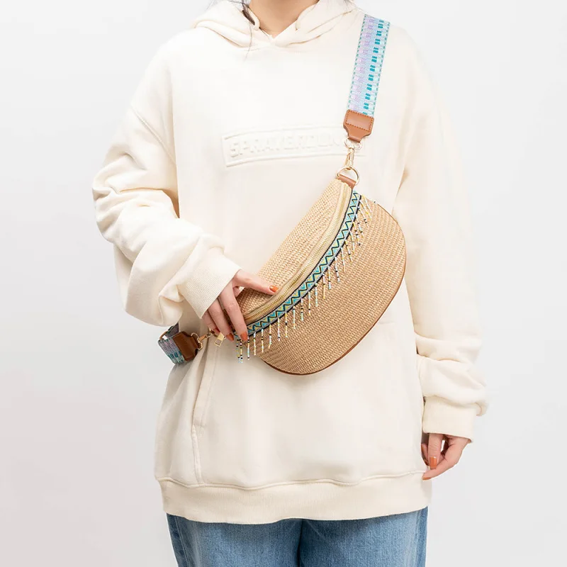 BERKI STAR Small Chest Fanny Pack Trendy Travel Straw Plaited with Adjustable Strap Crossbody Sling Bag Purse for Women