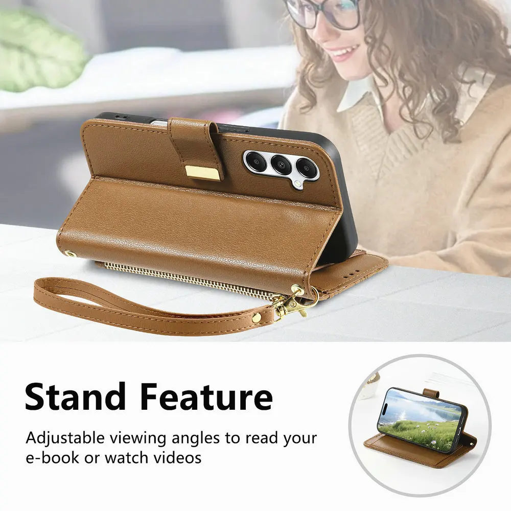 Skórzane etui z 6 przegródkami na karty, zapinane na zamek, typu książka, do Samsung Galaxy A57 A56 A36 A26 A16 A17 A27 A37 A55 A35 A25 A15 A05 A54 5G — zdjęcie produktu 5