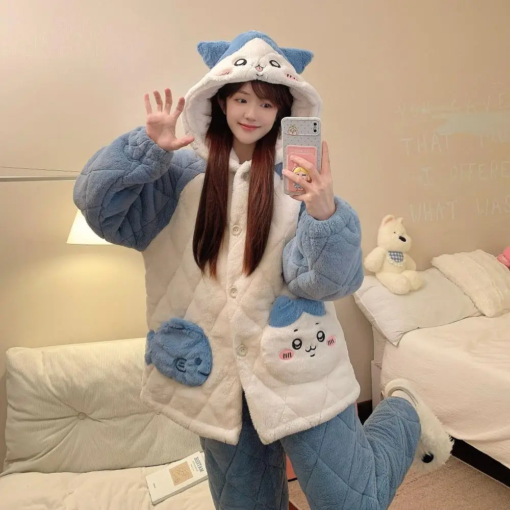Anime Chiikawa Pajamas Usagi Kawaii Sleepwear Autumn Winter Women's Thick Velvet Loungewear Quilted Home Clothes Warm Outside