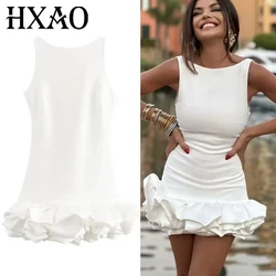 HXAO Womens Dresses 2024 Bodycon Ruffle White Dress Woman Sleeveless Puff Mini Dress Summer Backless Short Dresses For Women