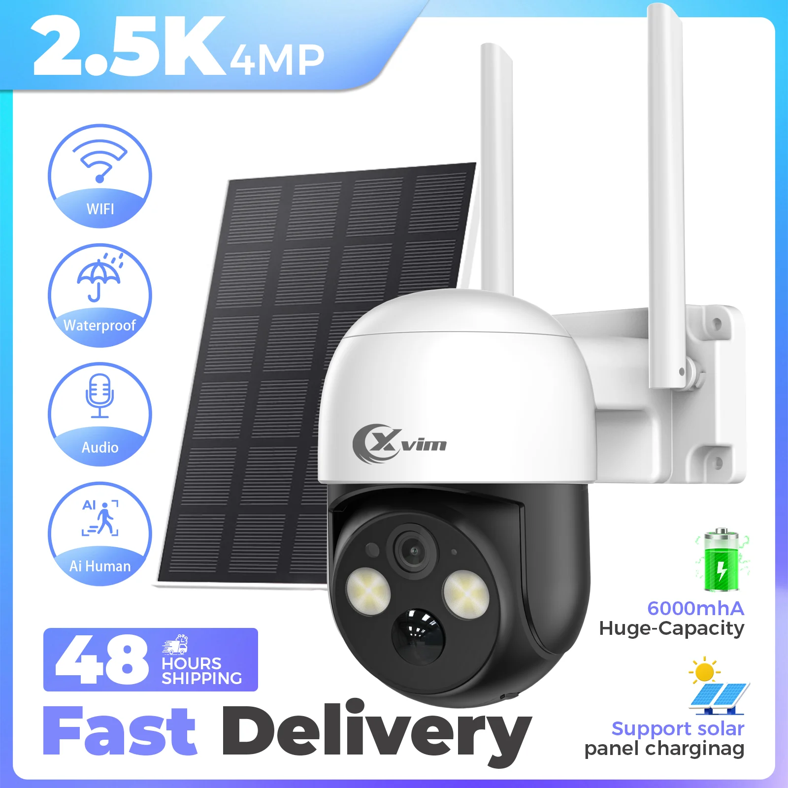 XVIM 4MP PTZ Wifi 무선 야외 태양광 카메라 내장 배터리 비디오 감시 카메라 장시간 대기 iCsee 양방향 오디오