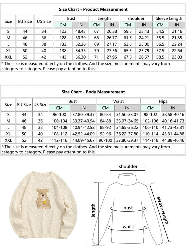 ZAFUL Men\'s Terry Cloth Bear Embroidered Patch Design Round Neck Pullover Knitted Sweater