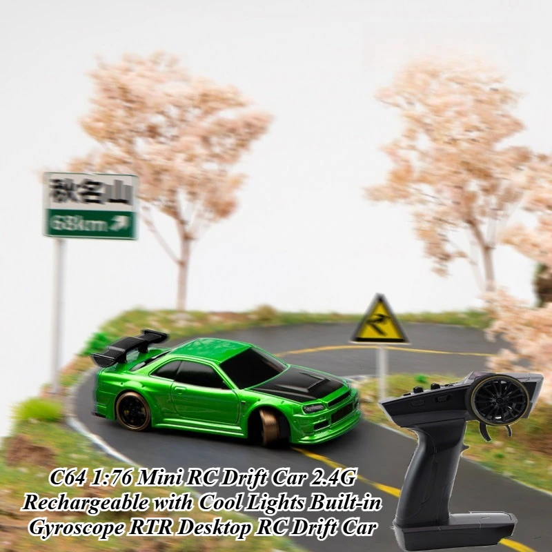 C64 1:76 Mini RC Drift Car 2.4G Rechargeable with Cool Lights Built-in Gyroscope RTR Desktop RC Drift Car A Great Gift for Kids