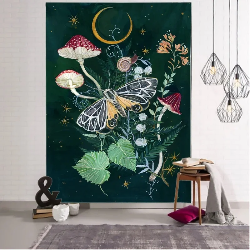 VIKAMA Luna Moth Moon Phase Tapestry, Botanical Floral Starry Sky Wall Hanging, Mystic Witchy Cloth Poster for Bedroom Decor