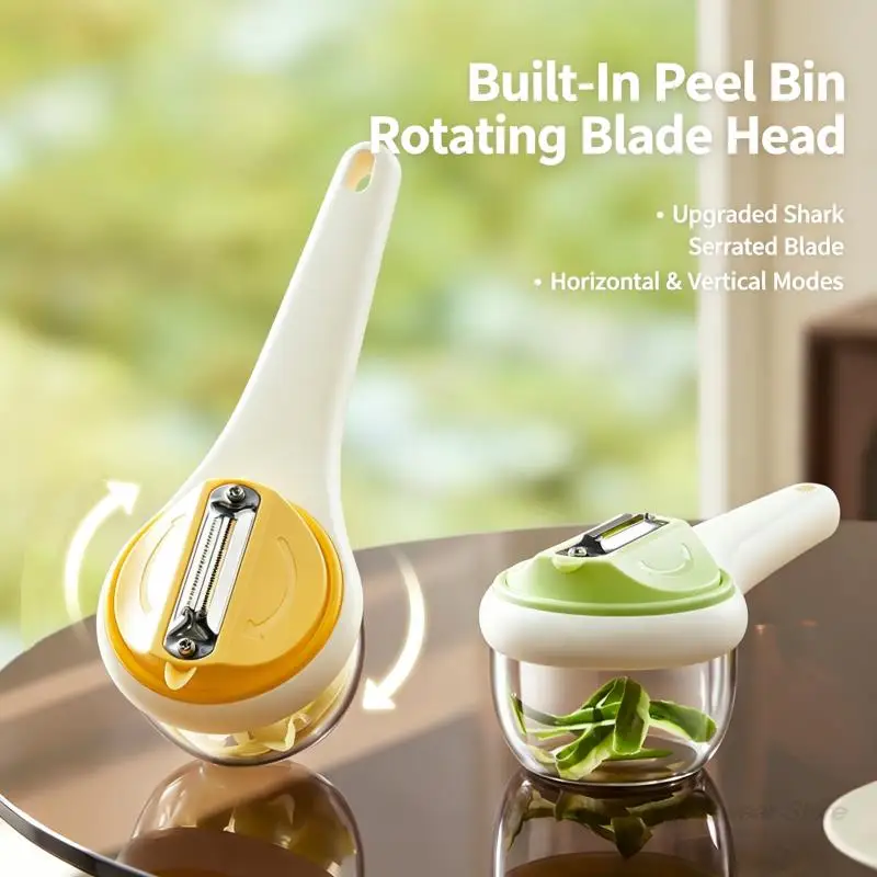 Multifunctional Rotatable Vegetable Peeler with Peel Storage Container Stainless Steel Serrated Blade Anti-Splash Fruit Peeler