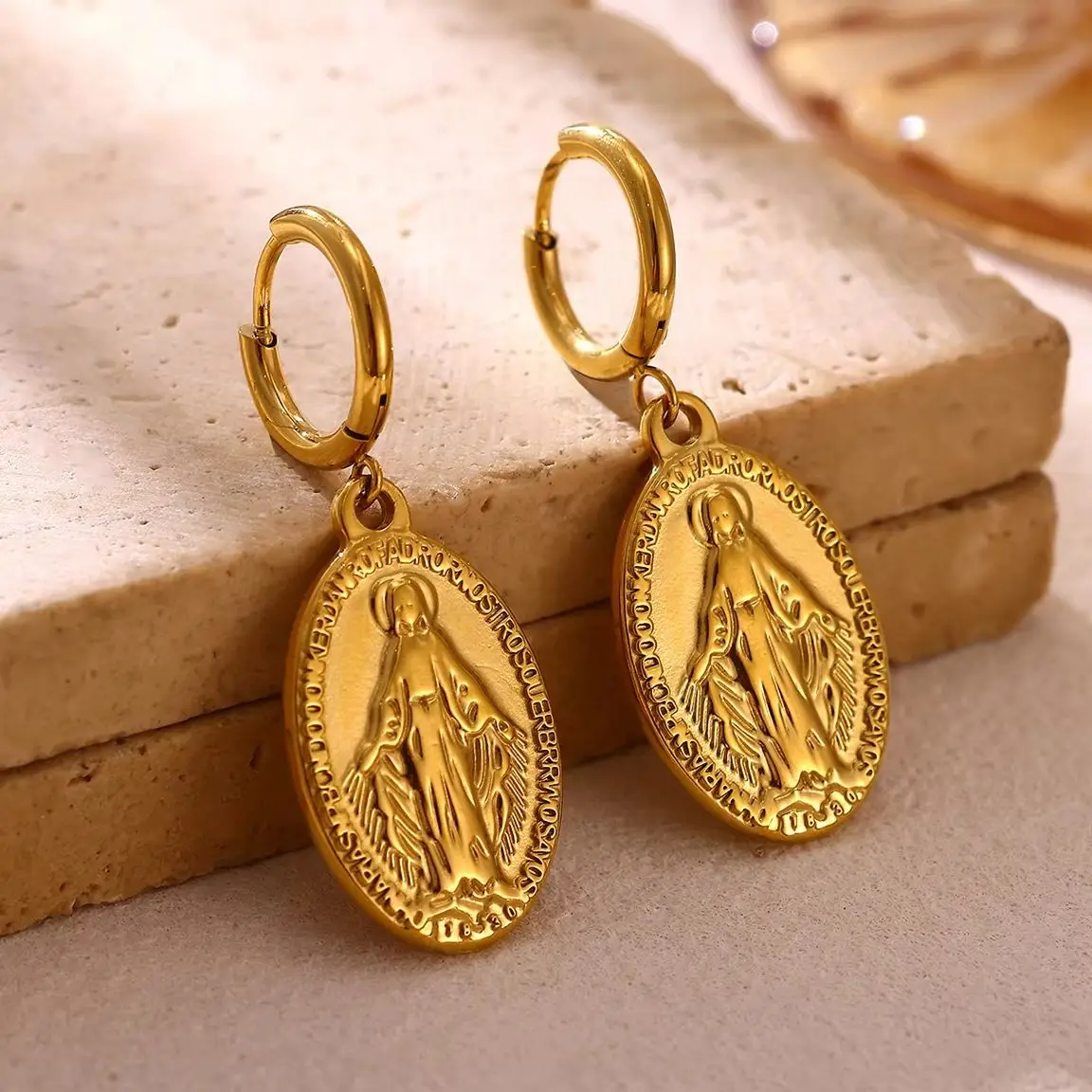 Virgin Mary Drop Earrings for Women Gold Color Stainless Steel Hoop Earring Mother of Jesus Catholic Blessed Jewelry Gifts
