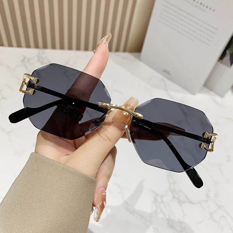 High-end Feeling Rimless Cut-edge Sunglasses For Women Octagonal Metal Temple Street Styling Sunglasses 90239