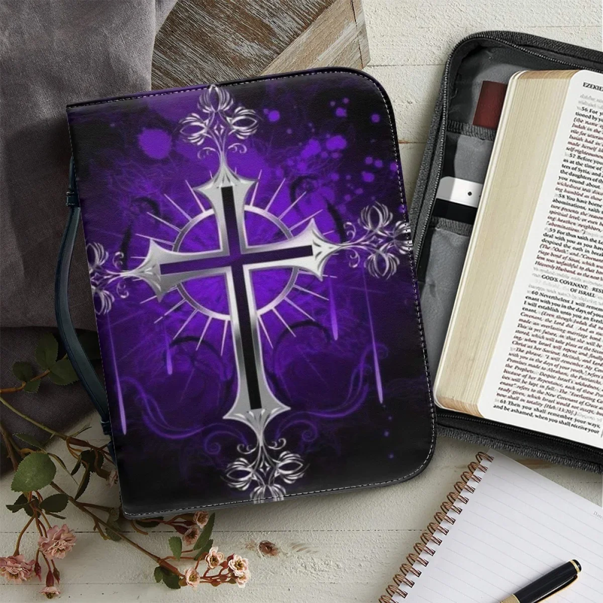 Christian Cross Print Handbag for Women Genuine Leather Bible Bag Study Book Holy Storage Boxes Practical Bible Case With Pocket