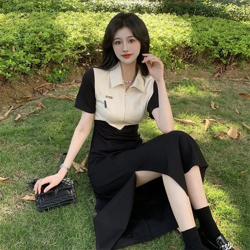 

New Fashion Patchwork Polo Neck Short Sleeve Split Dress Women's High Waist Slim Midi Dress Y2k French Korean Elegant Vestidos