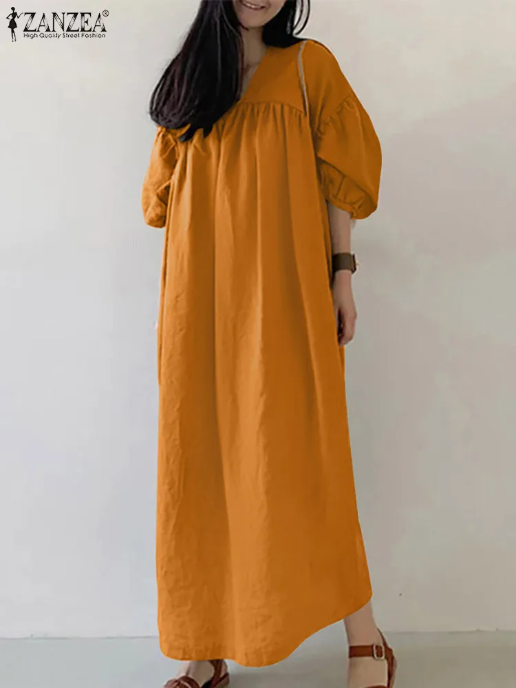 ZANZEA Women Causal Maxi Long Dress Femme Puff Sleeve Holiday Robe Fashion Summer Dress Vintage Loose Pleated Vestidos Oversize