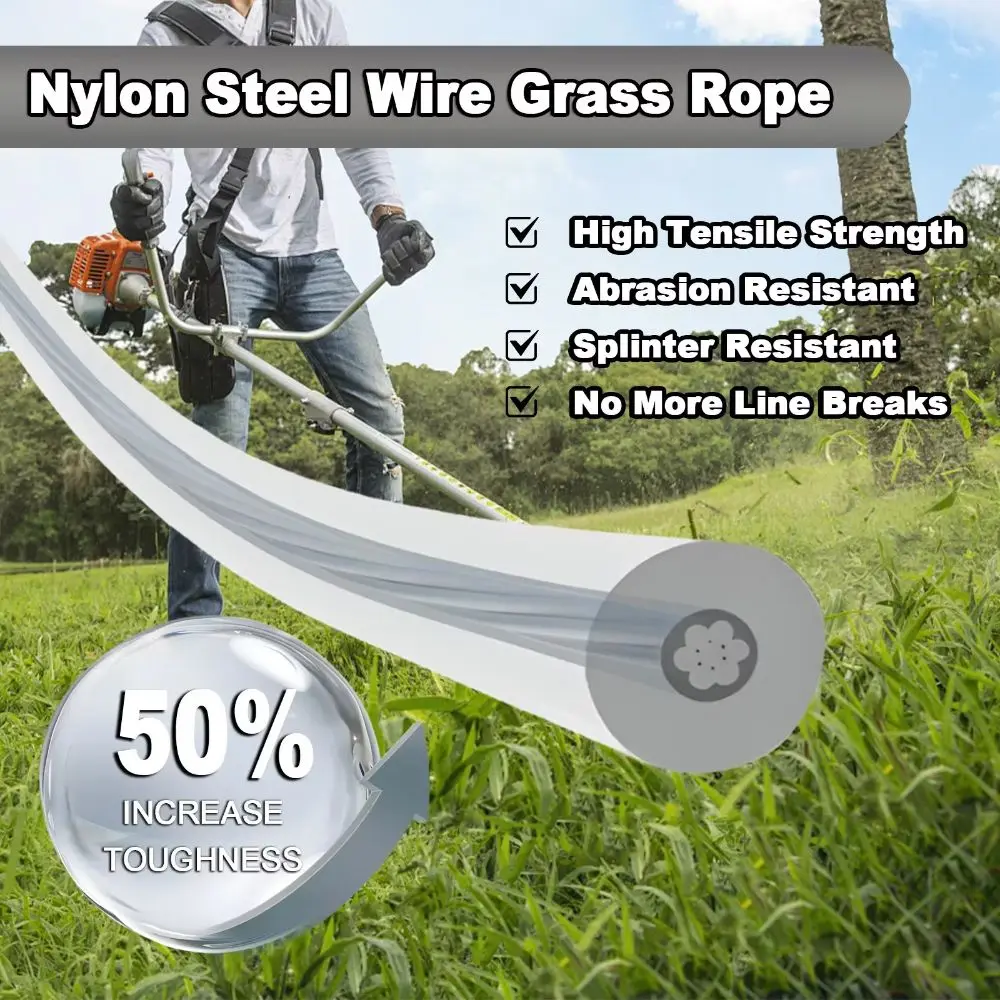 5m/10m/15m*2.4mm/2.7mm/3mm Grass Trimmer Line Nylon and Steel Wire Braided Texture Trimmer Cord Sharp Cutting Edge Round Shape