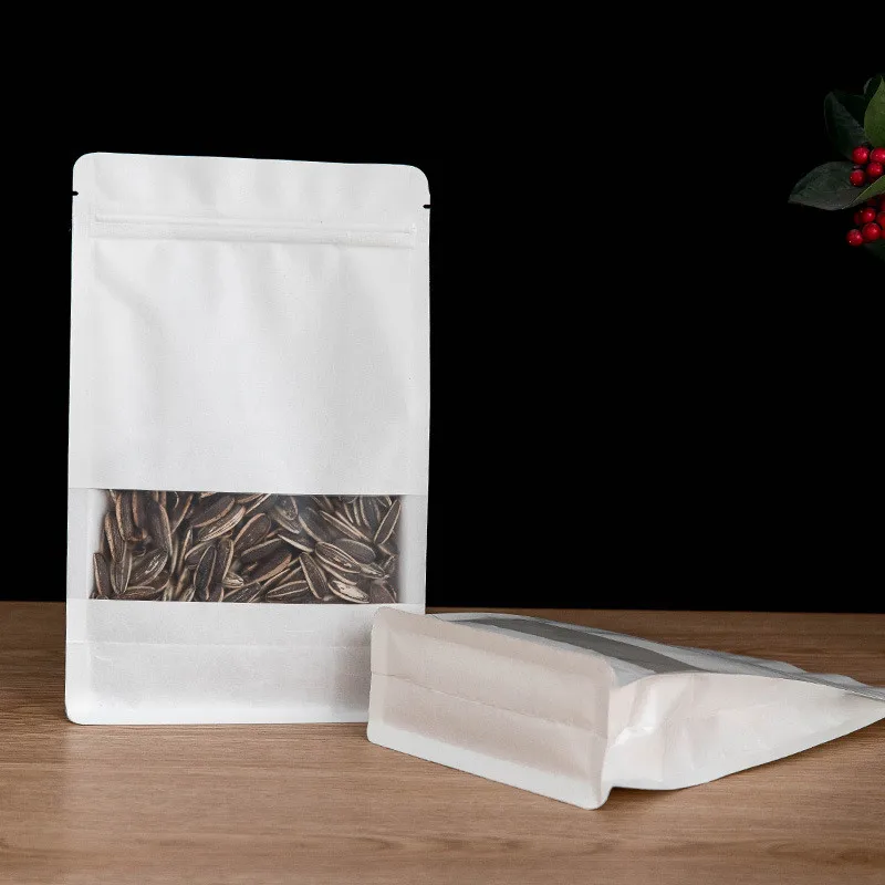 

50pcs 10x20cm Window White Kraft Paper Waterproof Oilproof Stand Up Food Packaging Coffee Tea Dry Fruit Nut Bags