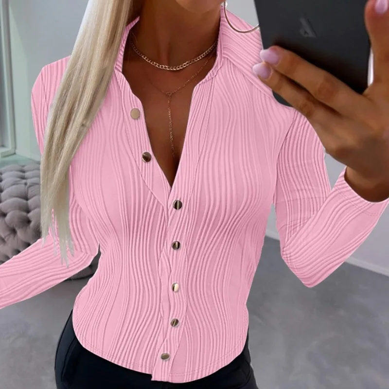 2023 Spring and Autumn Women\'s Cardigan V-neck Long Sleeve Solid Stripe Button Elastic Sexy Slim Fashion Casual Shirt Tops