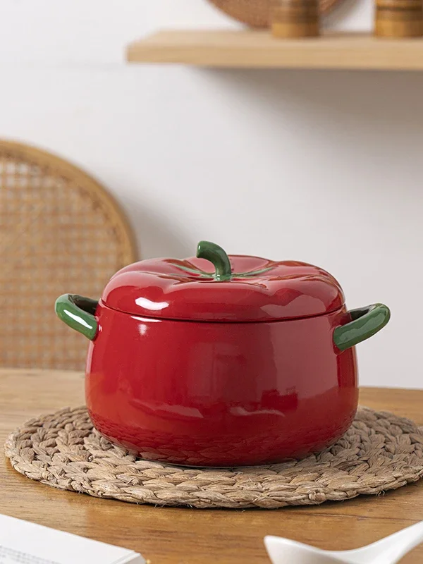 Tomato Pattern Ceramic Double Ear Soup Bowl with Lid for Home Use Student Dormitory Instant Noodles Bowl Spicy Rice Noodles S...