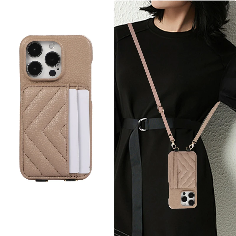 Premium Leather Double-layer Card Slot Phone Case For iPhone 15 14 13 12 11 Pro Max 14 Plus Crossbody Lanyard Shockproof Shell