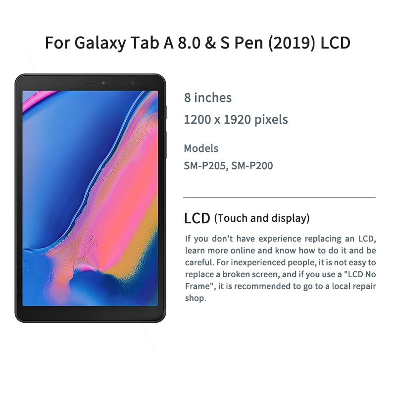 New For Samsung Galaxy Tab A 8.0 & S Pen (2019) SM-P205 SM-P200 LCD Display Touch Screen Digitizer Assembly For Tab A 8.0 LCD