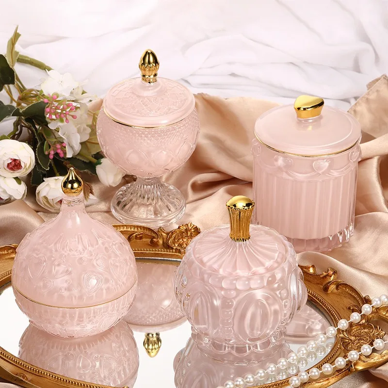 

Nordic Style Simple Pink Glass Jar with Lid Dining Table Scented Candles Jewelry Jar Home Decoration Candlestick Ornament