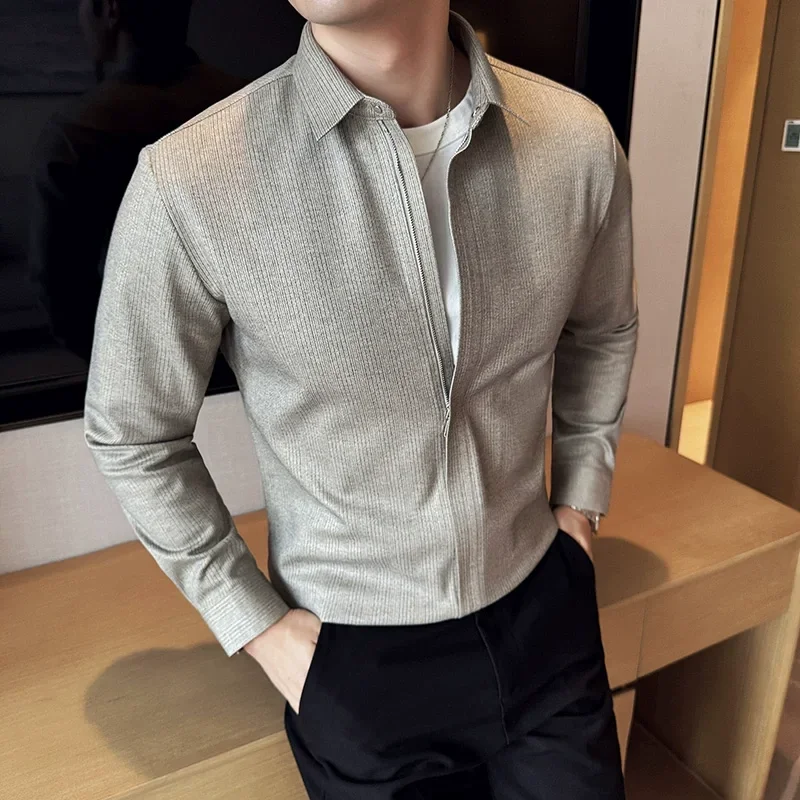 Autumn Winter New Thick Warm Woolen Shirt High-end Zipper Design Seamless Striped Shirt Fashion Men Casual Social Party Tuxedo