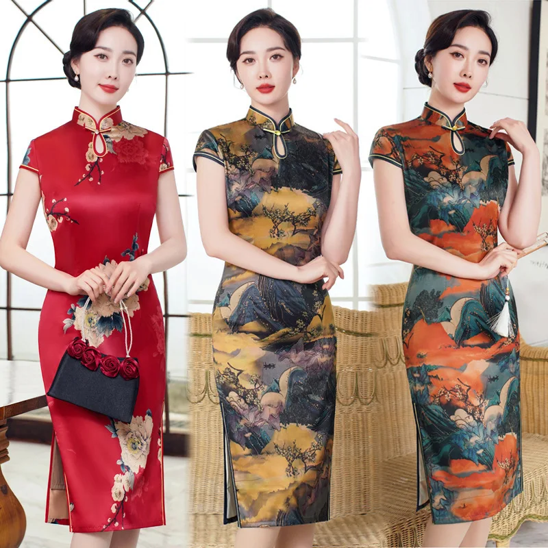 

Chinese Style Cheongsam for Women 9Clolors Fashion Print Short Dresses Slim Party Costume Elegant Summer Vintage Qipao Silk