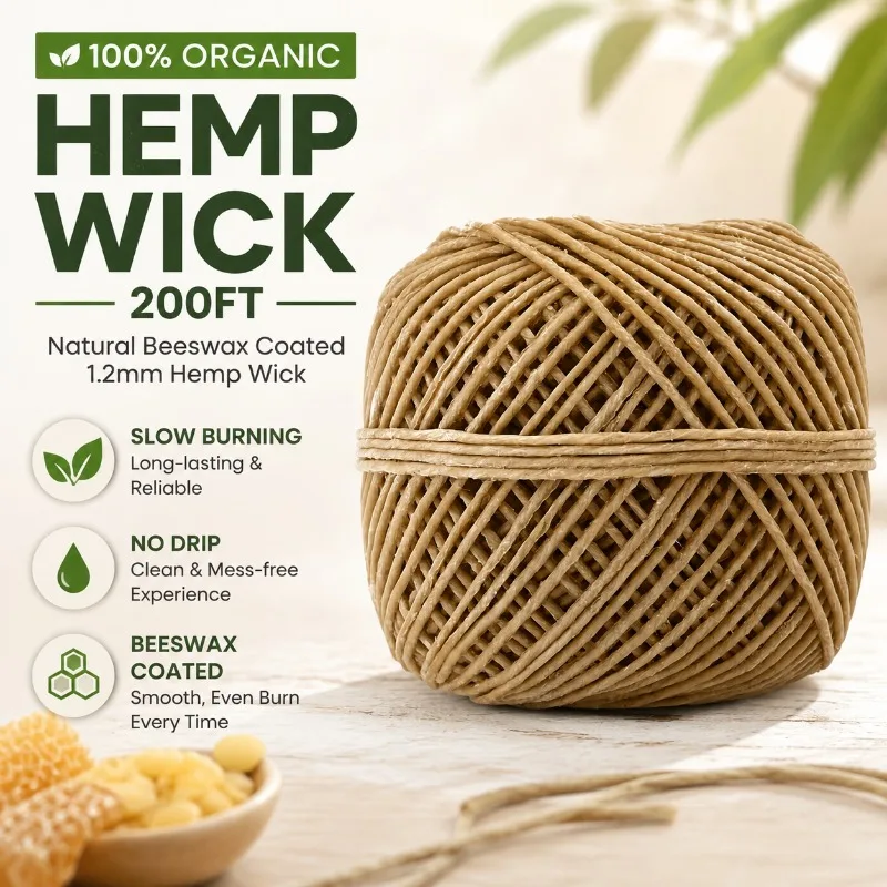 100% Organic Hemp Wick 200ft, Natural Beeswax Coated Slow Burning No Drip, 1.2mm Hemp Wick for Lighter Candle Making