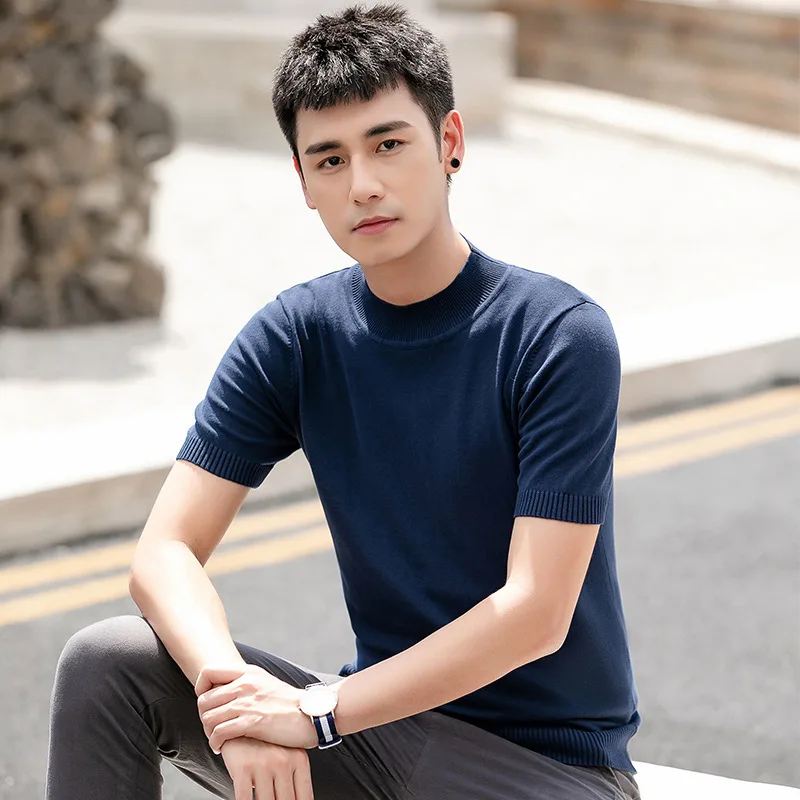 

Весенне-осенний простой тонкий вязаный свитер с полуводолазкой и короткими рукавами, мужской молодежный модный однотонный пуловер в корейском стиле