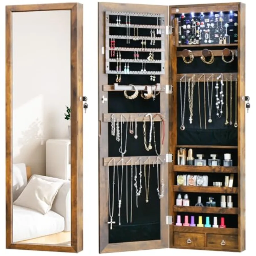 

LED Jewelry Cabinet with Mirror - 47.3" Mirror Jewelry Armoire Door Hanging/Wall Mounted Mirror with Storage And Drawers Rustic