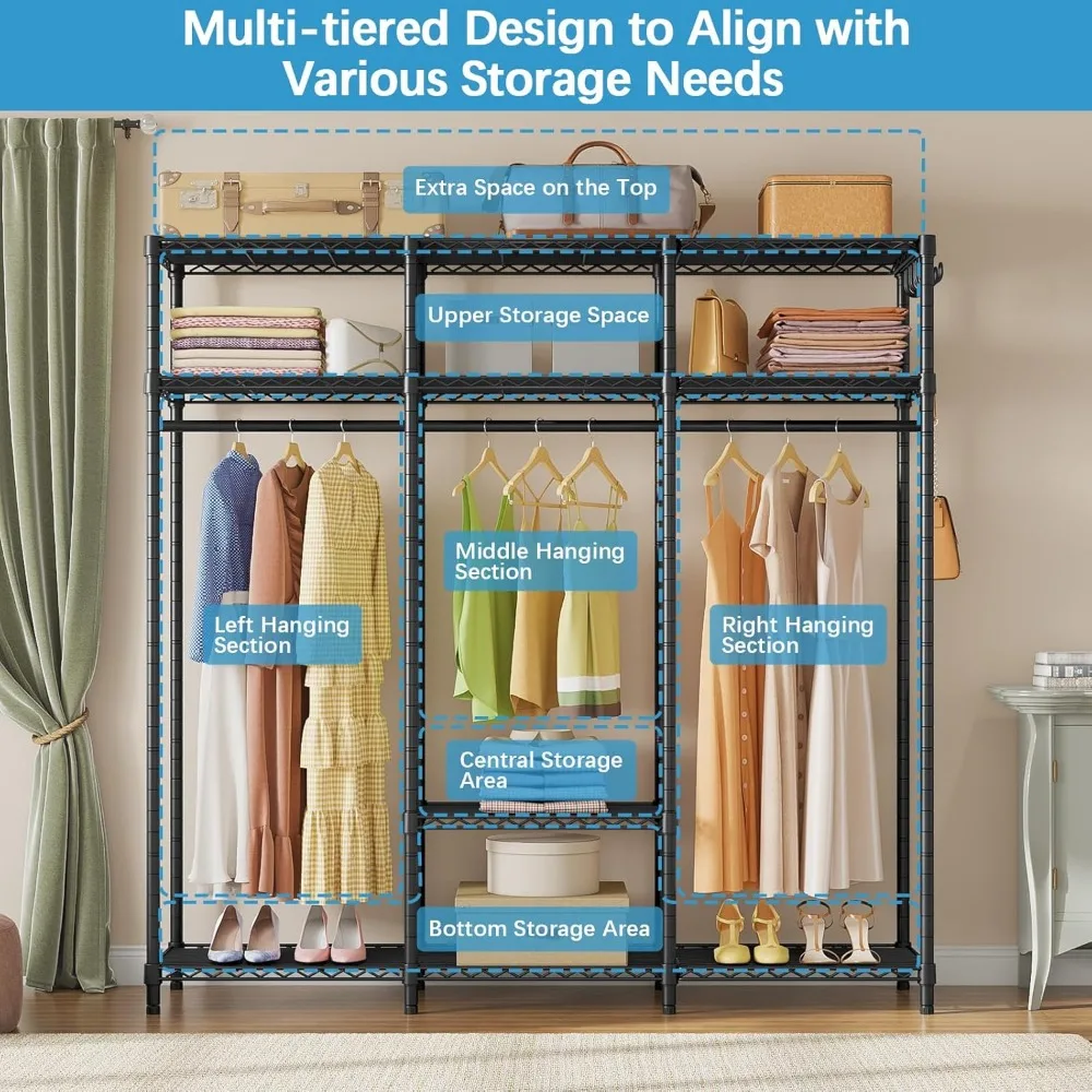 Heavy Duty Coverd Clothing Rack, Rack de roupas com capa de tecido Oxford, Armário Portátil com Prateleiras Ajustáveis e Hang Rods