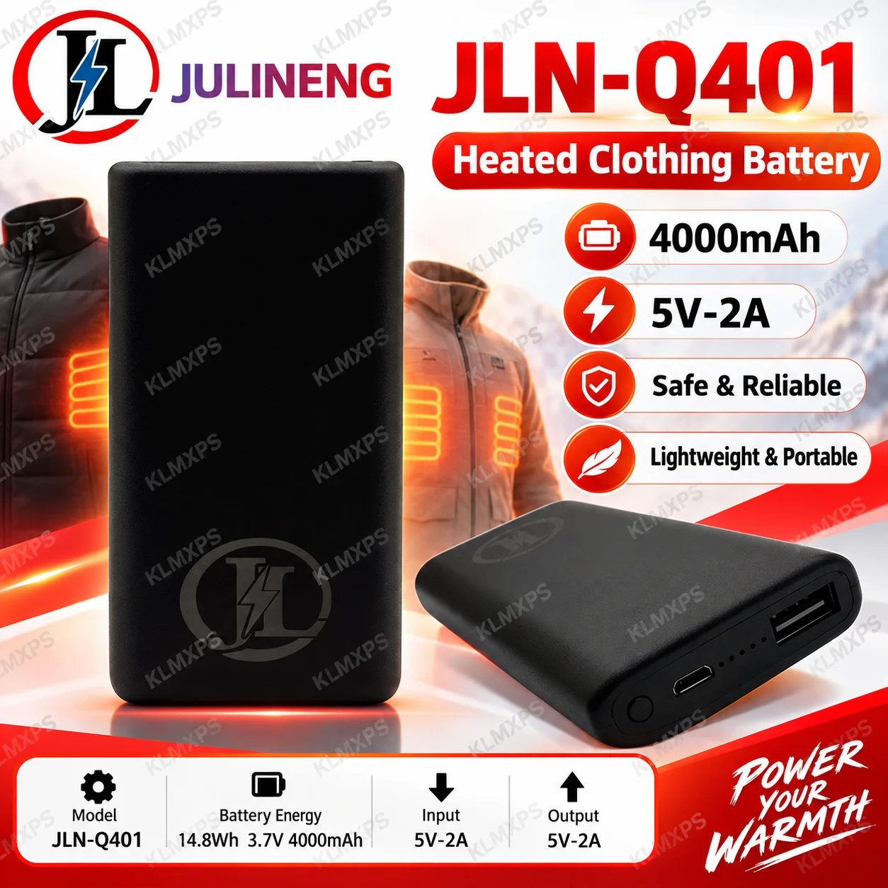 JLN-Q401 5V2A 4000mAh Lithium Battery for Winter Outdoor Work Camping Heated Clothing Backup Power Wholesale