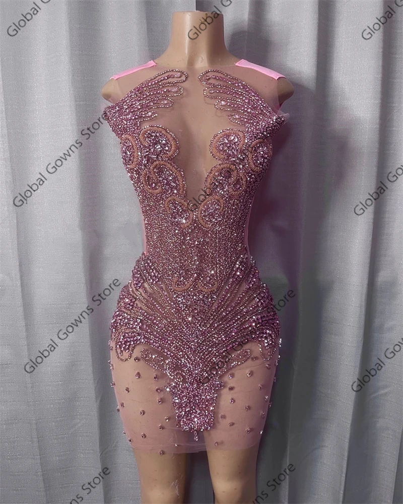 Pink O N Short Prom Dresses Black Girls Bead Crystal Rhinestone 2024 Birthday Luxury Dress Graduation Gown Homecoming Customized image 2