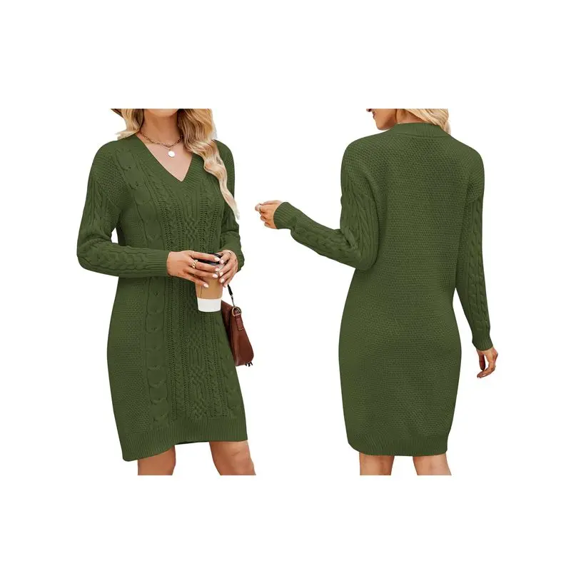 

Женское платье-свитер с V-образным вырезом, длинными рукавами, длиной выше колена, свободного кроя, для осени.