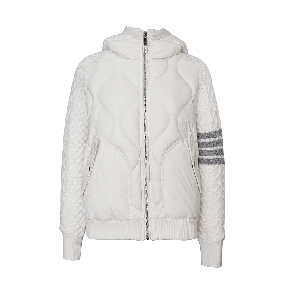 TC-305 Warm hooded standing collar white down jacket 100% wool splicing long sleeve coat for women