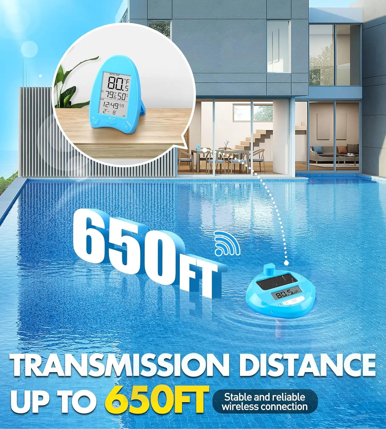 Wireless Solar Pool Thermometer with Light Show & Backlit Display for Night Reading