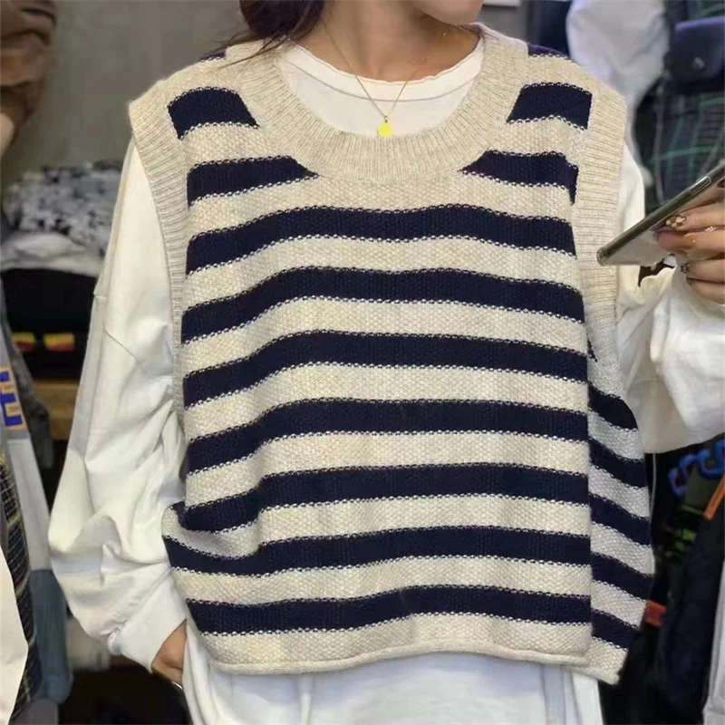 

Women's Knitted Vest Spring Autumn Korean Style Striped Sleeveless O-Neck Loose Pullover Sweater Vests Streetwear for 18-24Y