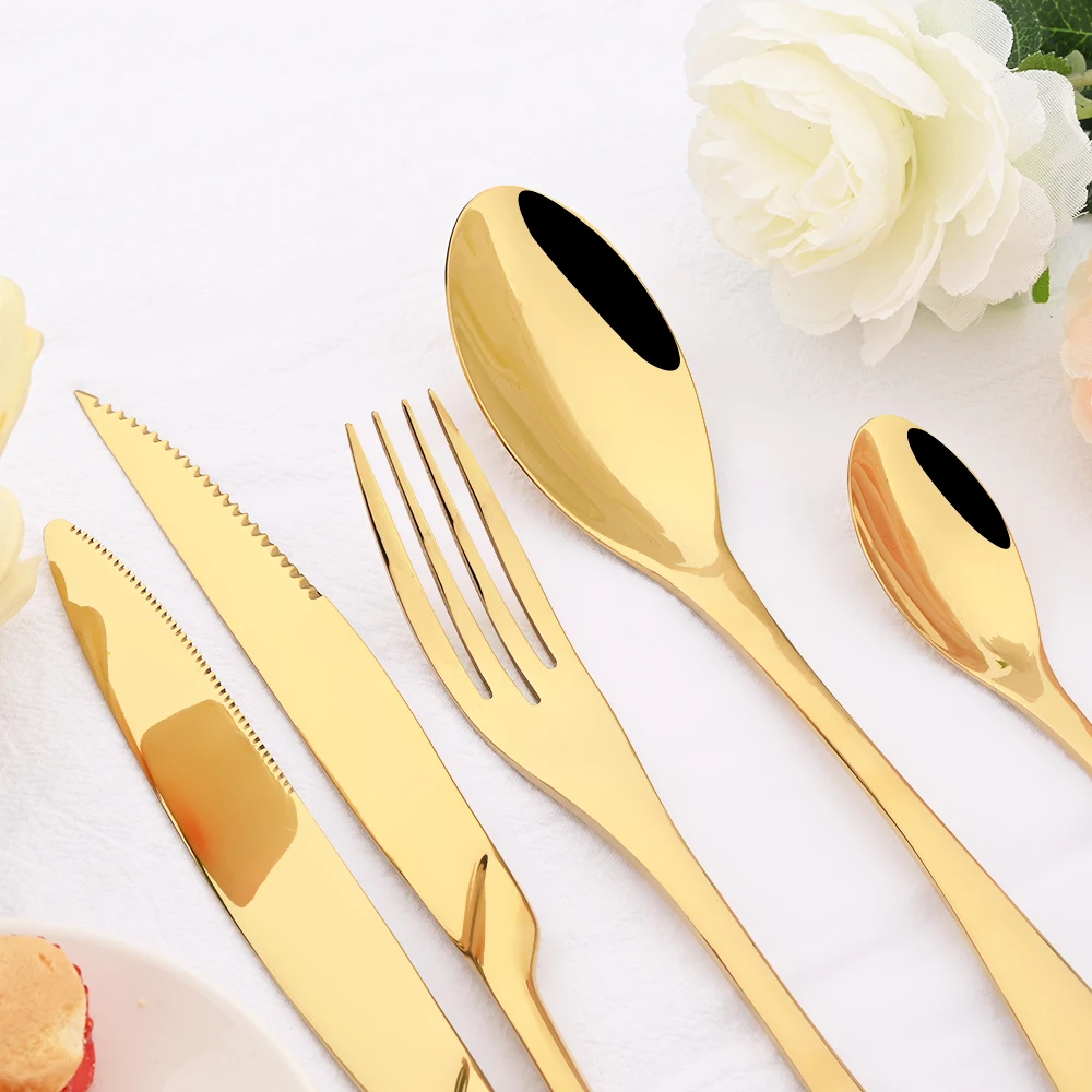 24pcs Shiny Gold Dinnerware Set Upscale 304 Stainless Steel Cutlery Set Steak Knife Fork Spoon Flatware Party Kitchen Tableware