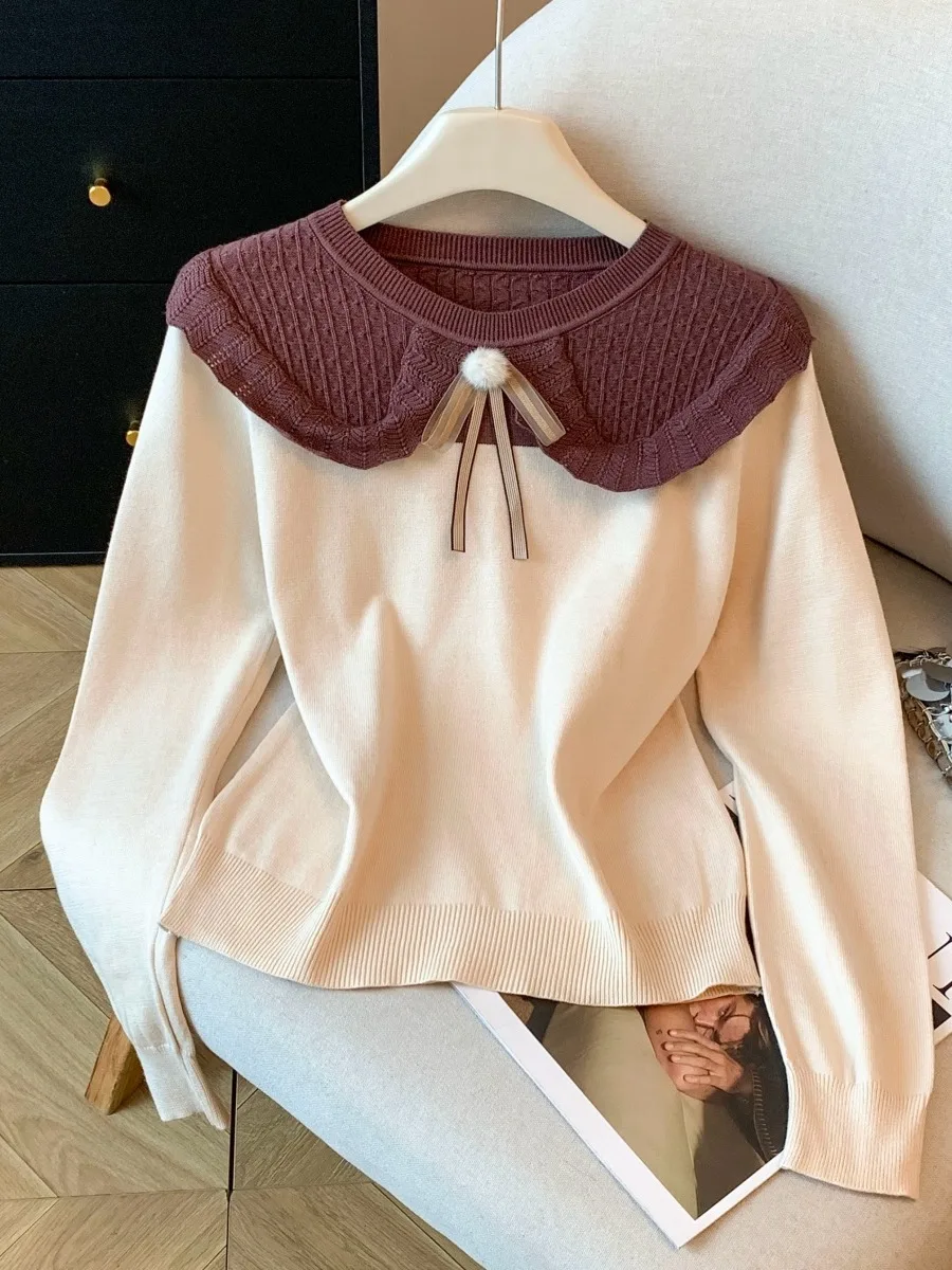 

Unique Knitted Doll Collar Base irt for Women Autumn Winter Soft Korean Sle Inner Wear Furry Ball Decorated Commute Faion
