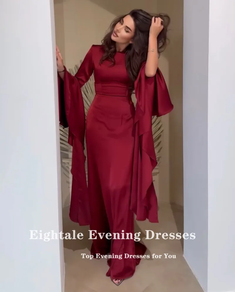 Eightale Burgundy Evening Dress Customized O-Neck Long Sleeves Arabic Mermaid Prom Wedding Party Gowns Satin