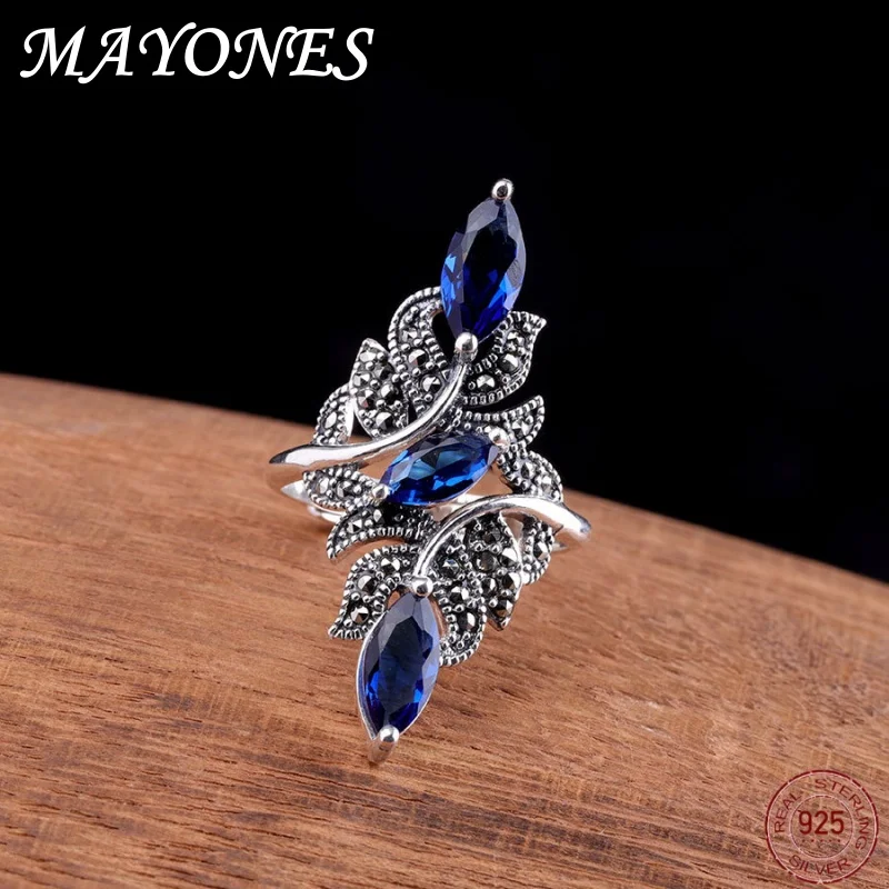 

Женское серебряное ювелирное изделие, кольцо из тайского серебра ручной работы с инкрустированными синими корундовыми листьями, роскошные открытые дизайнерские украшения