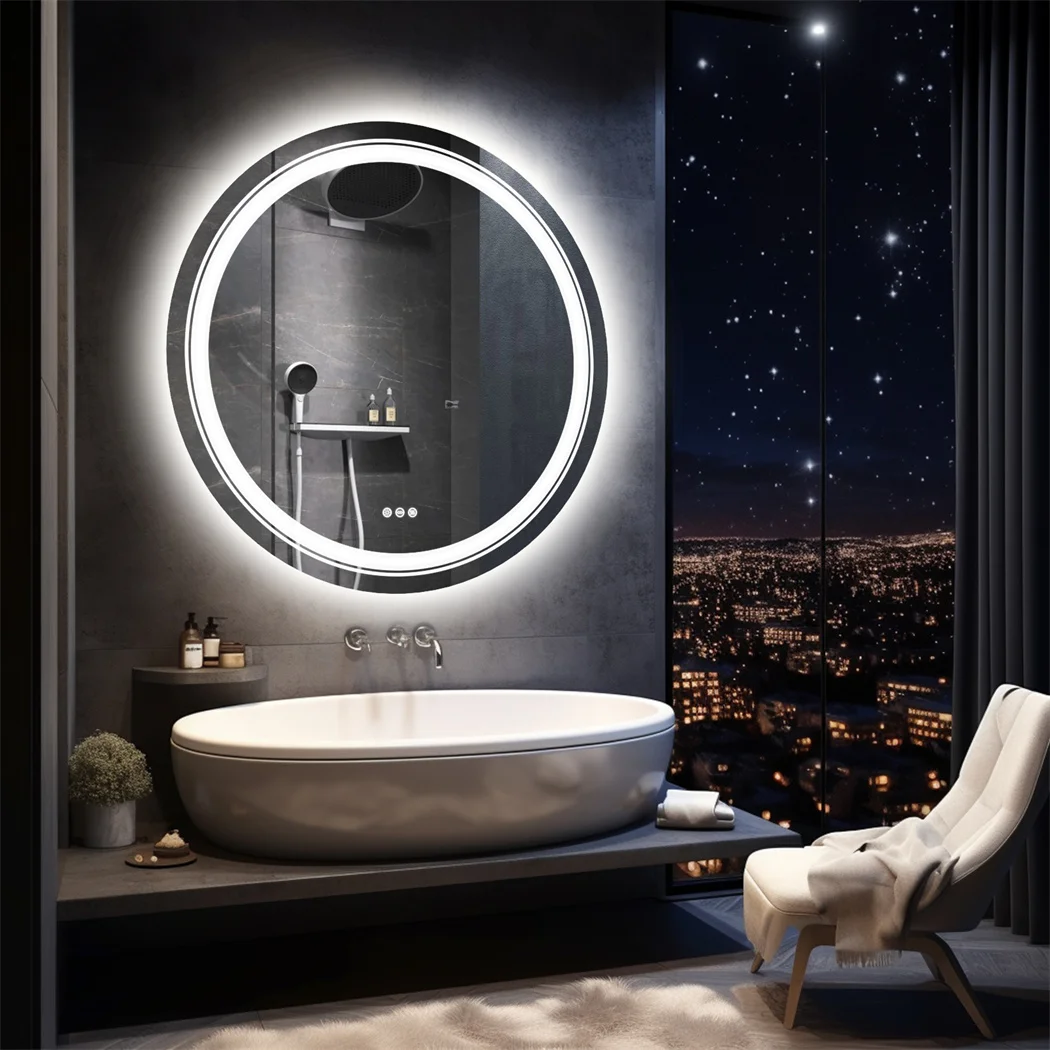 32 Inch Round LED Lighted Bathroom Mirror Wall Mounted Anti-Fog Vanity Mirror with Touch Sensor Backlit for Home