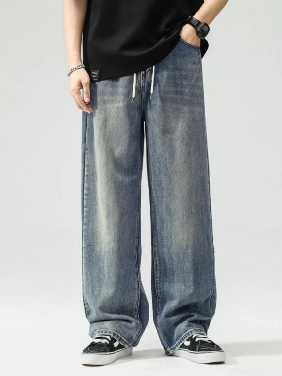 

American High Street Retro Belted Loose Straight Leg Men's Jeans Casual Versatile Wide Leg Long Pants Spring Autumn Wear